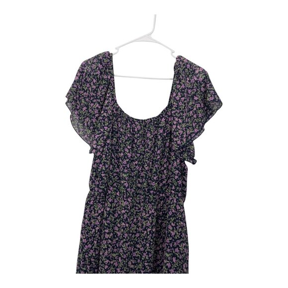 Time And Tru Women XL Floral Midi Dress Flutter Sleeves Navy Purple Lightweight - Picture 13 of 13